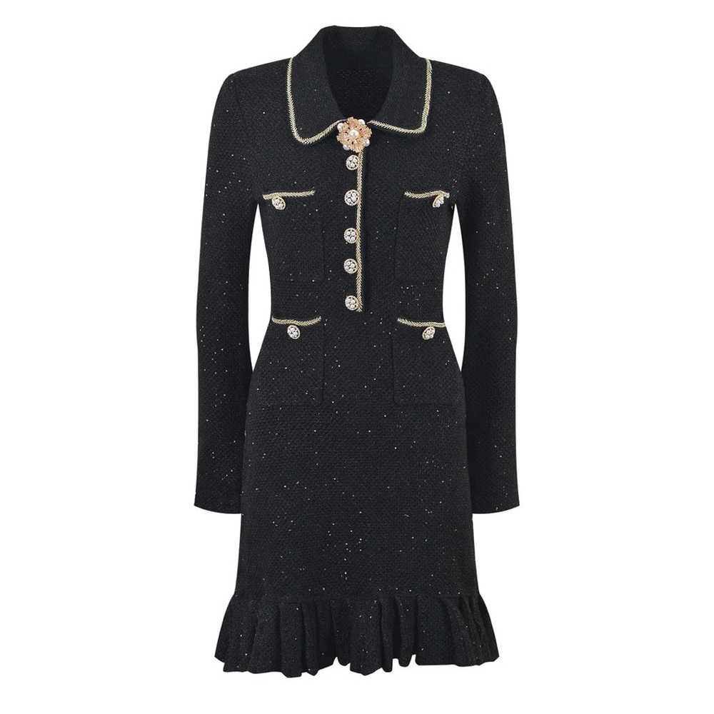 HIGH END BLACK SEQUINED PLEATED TWEED MINI DRESS